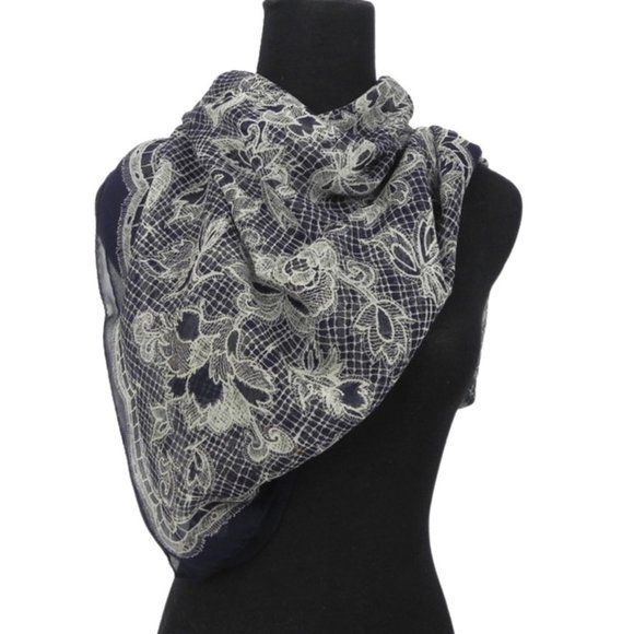 Sheer Navy Blue Lace Motif Scarf or Shawl - Picture 1 of 8